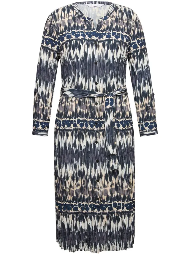 MIAMODA Dames - Midi-jurk comfortabele snit crash allover print. Ronde hals - Zwart
