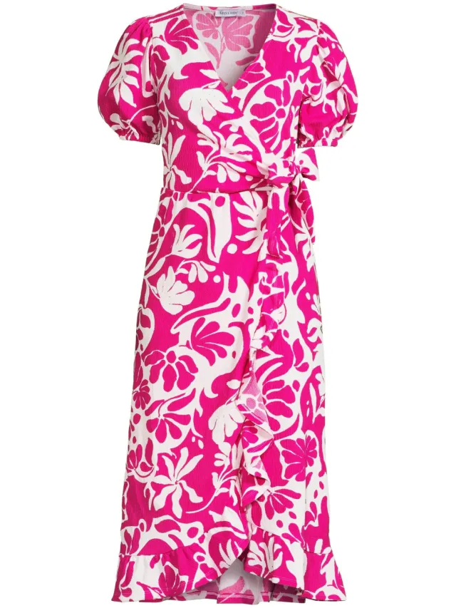 Anytime crinkle midi overslagjurk met bloemenprint fuchsia