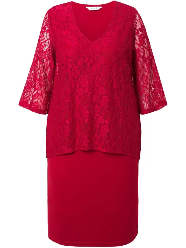 MIAMODA Dames - Kanten jurk ondoorzichtige jersey onderjurk - Fluweelrood