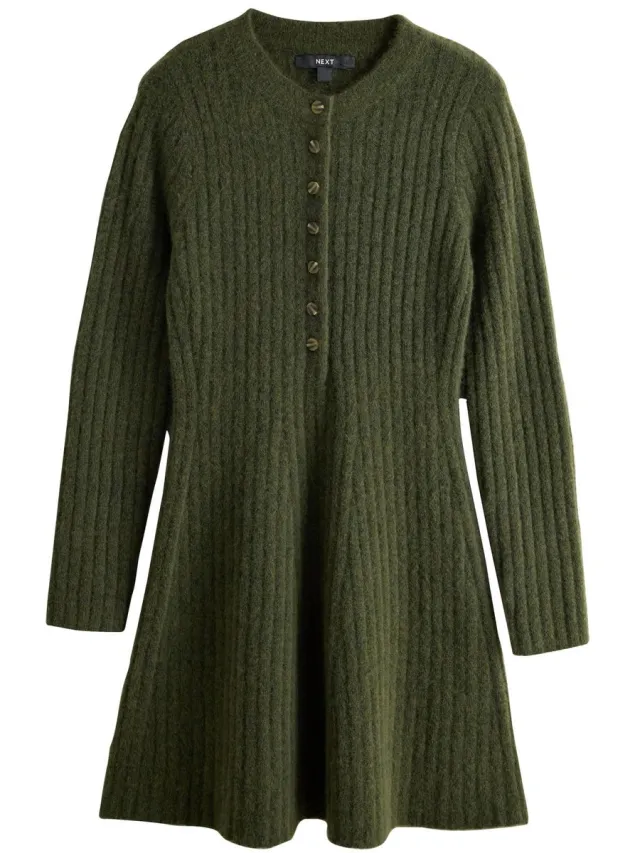 Next Dames - Ribgebreide Henley-mini-jurk - Groen Khaki Green