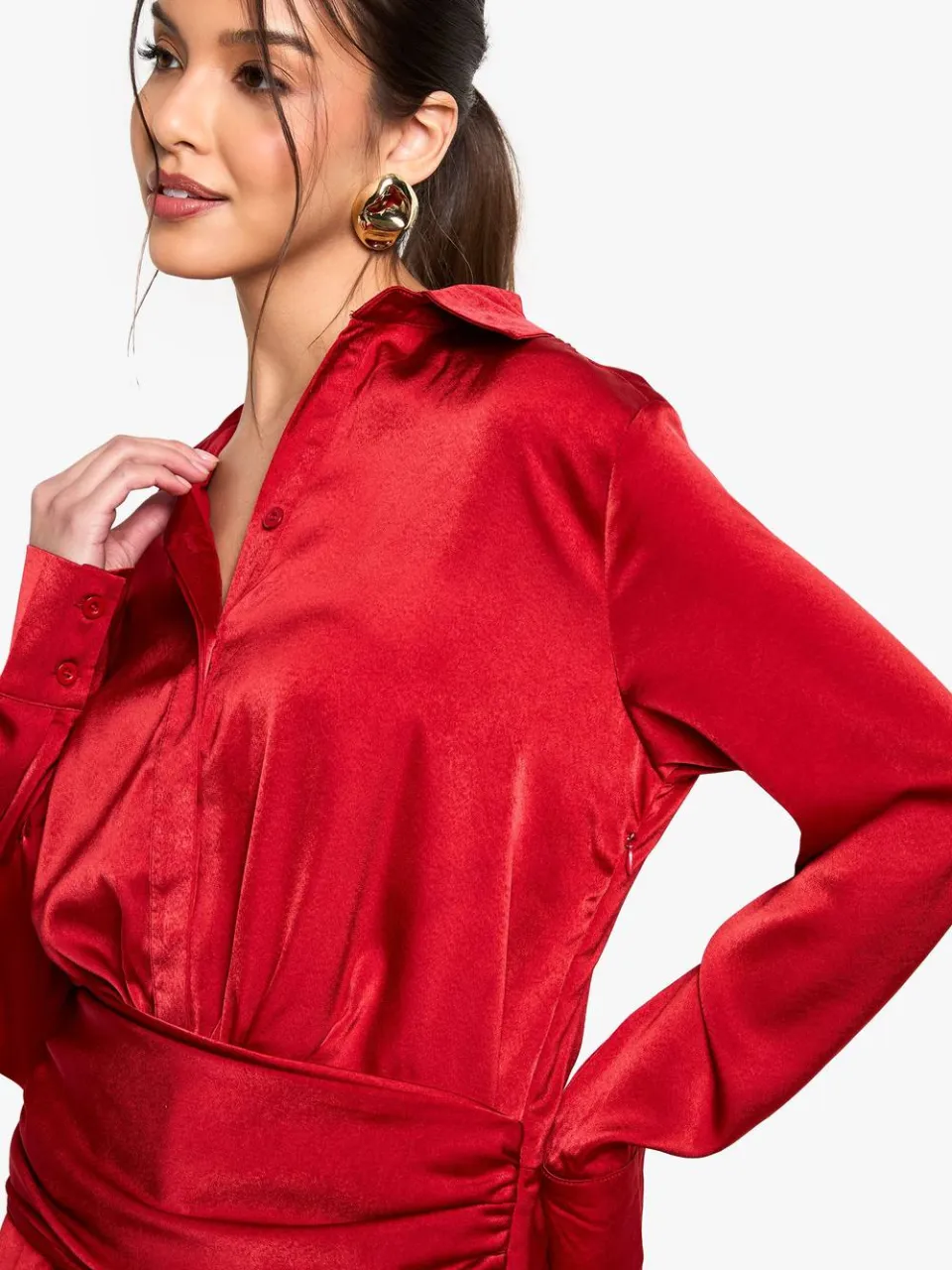 boohoo Dames Satijn geraffelde overhemdjurk rood, foto 3