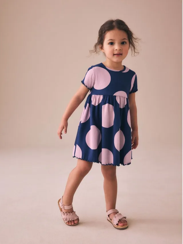 Next Meisjes - Geribbelde jurk met korte mouwen - Blauw Navy Spot