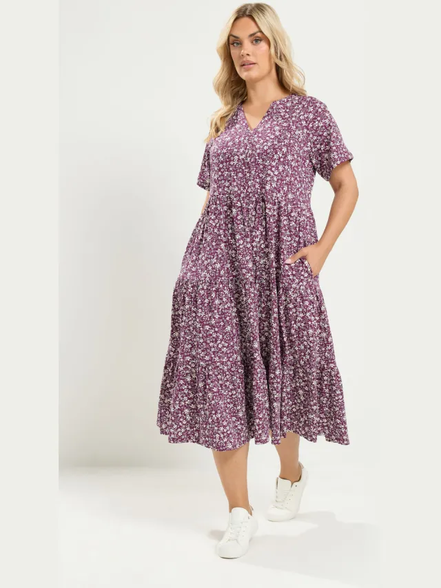Yours Paarse Jurk Met Bloemenprint En Gelaagde Rok-60 Purple