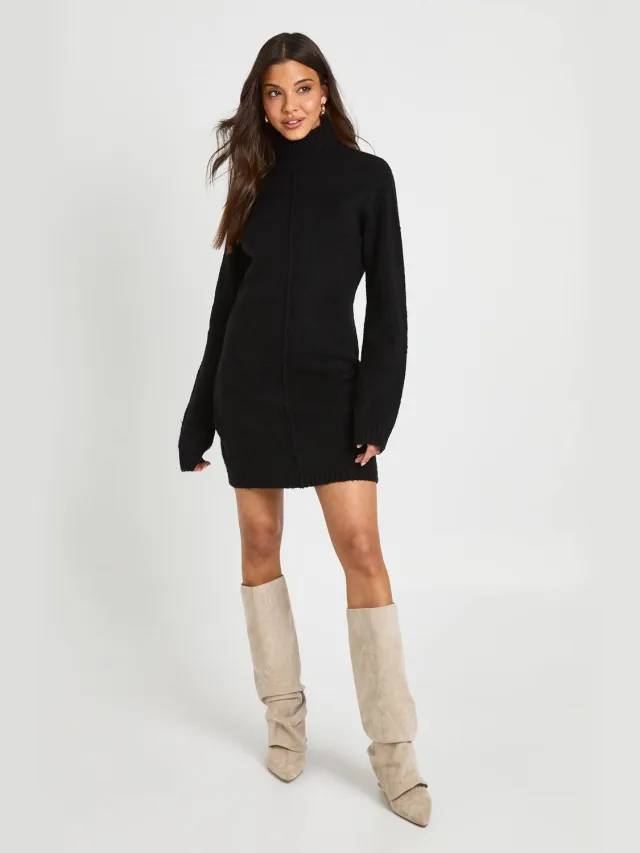 boohoo Dames Gebreide Mini Trui-jurk Met Hoge Hals En Naaddetail Zwart