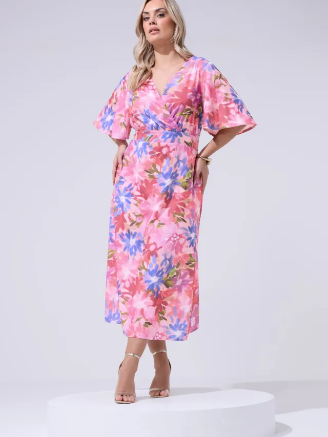 Yours London Roze Wikkeljurk Met Bloemenprint En Linnen Look Pink