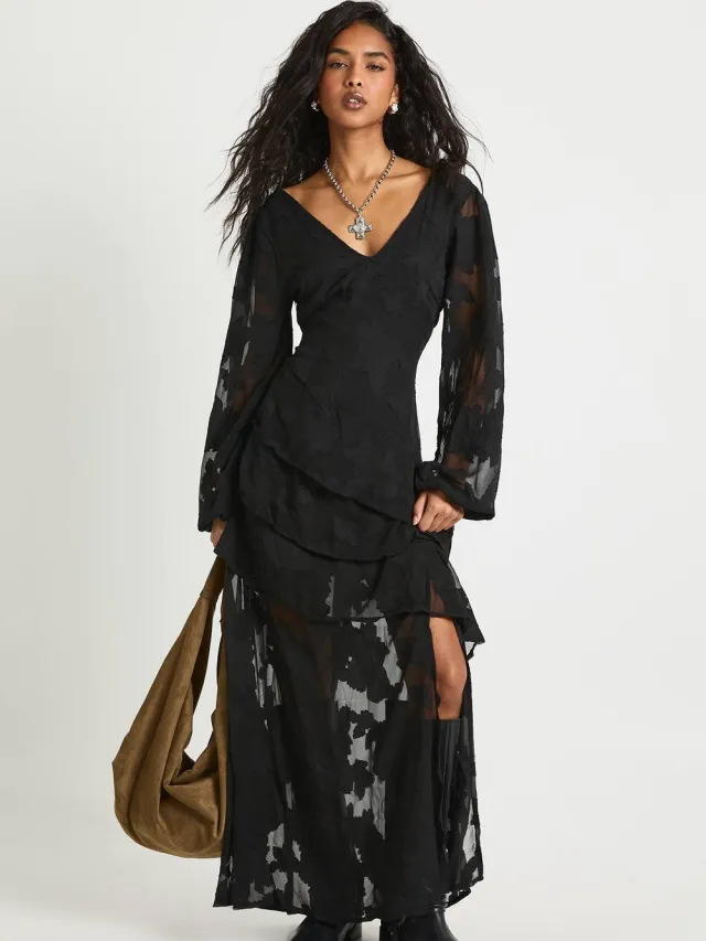 boohoo Dames Burnout Floral Frill Detail Maxi Jurk Zwart