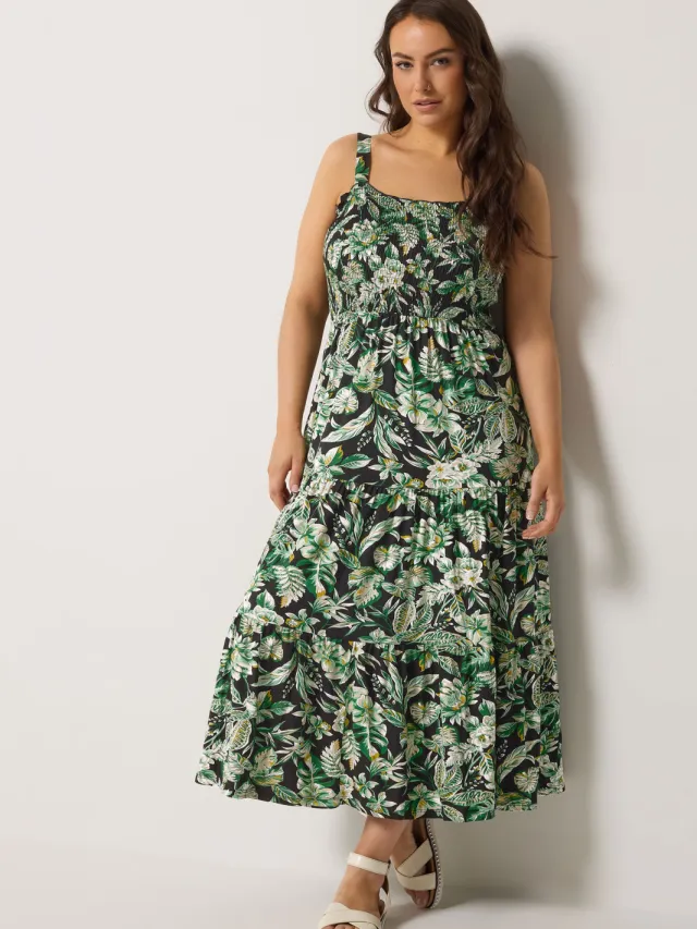 Yours Groene Gesmokte Midijurk Met Bloemenprint Green