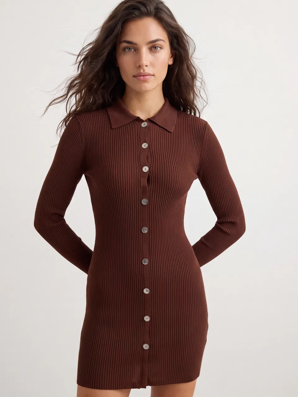 Trendyol TRENDYOLMİLLA Dames Bruin Effen Kort / Mini Lang Casual Recht Jurken, foto 2