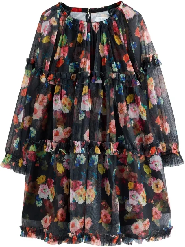 Next Meisjes - Mesh jurk met lange mouwen - Zwart Black Floral