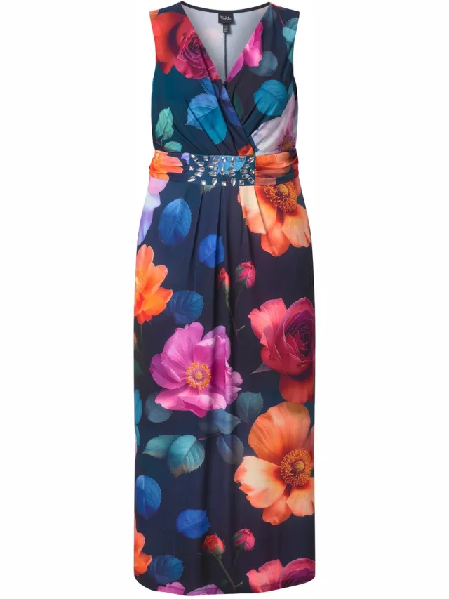 Ulla Popken Dames - Maxi-jurk bloemen A-lijn V-hals mouwloos - Zwart - Maat 42+