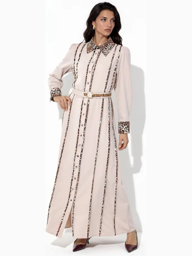 MSN Collection Leopardprint Maxi Shirt Dress Beige