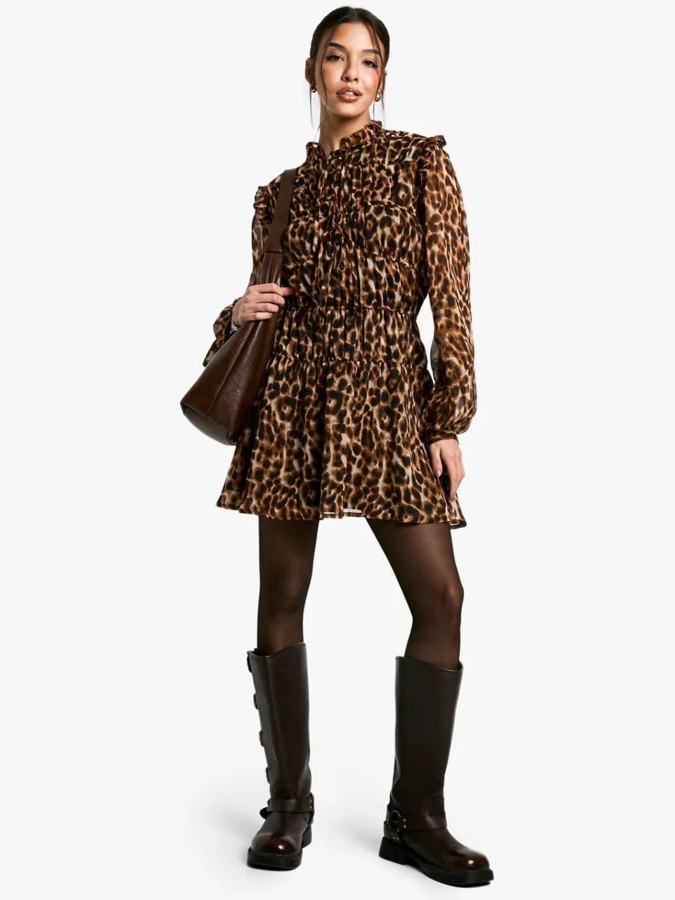boohoo Dames Leopard Tie Chiffon Smock Jurk bruin, foto 2