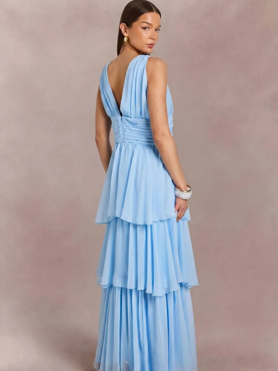 boohoo Dames Chiffon Maxi Jurk Met Diepe V-hals En Gelaagde Rok pastelblauw, foto 2