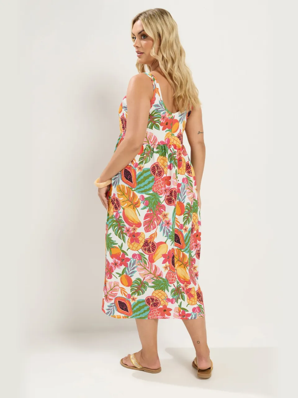 Yours Witte Gesmokte Jurk Met Fruitprint, foto 2