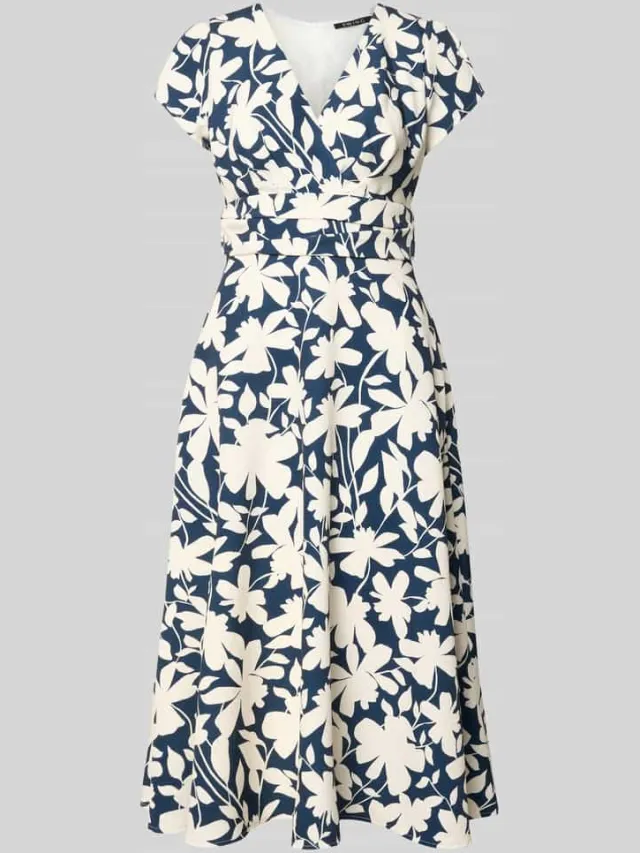 Swing Cocktailjurk met v-hals en tailleband marineblauw, foto 2