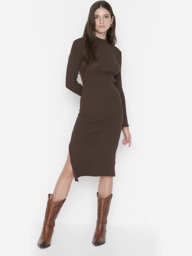 Trendyol Vrouw/Meisje Staande kraag Bodycon Midi Jurk Bruin