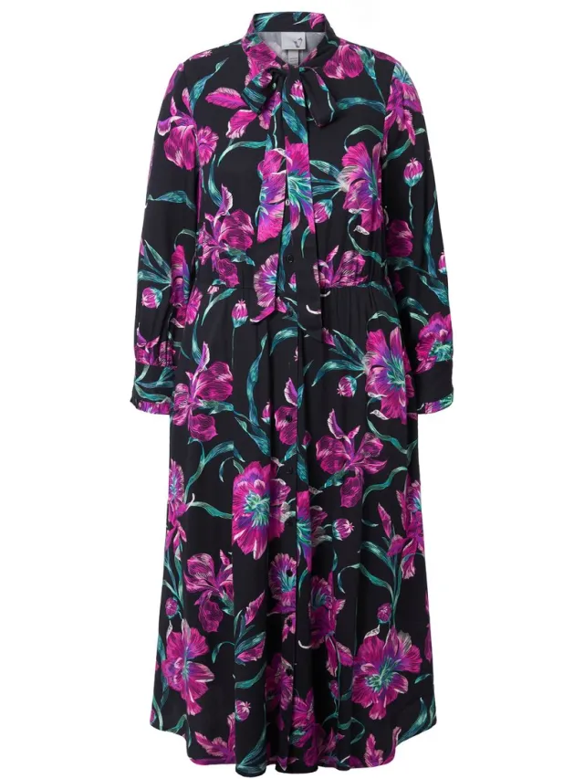 Ulla Popken Dames - Maxi-jurk A-lijn V-hals strik lange mouwen - Framboos - Maat 46+