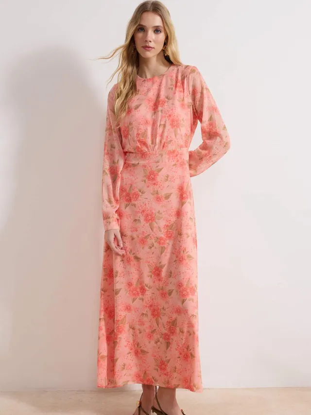 Turkishsouq Lange maxi-jurk met bloemenprint voor dames, casual/dagelijks, A-lijn model, geschikt voor hijab. Roze