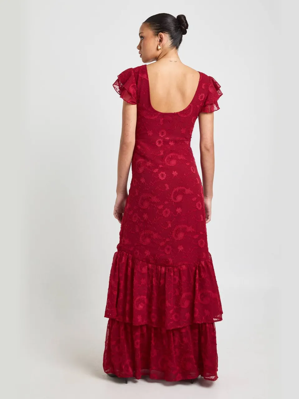 boohoo Dames Bloemen Burnout Ruffle Zoom Maxi Jurk merlot, foto 2