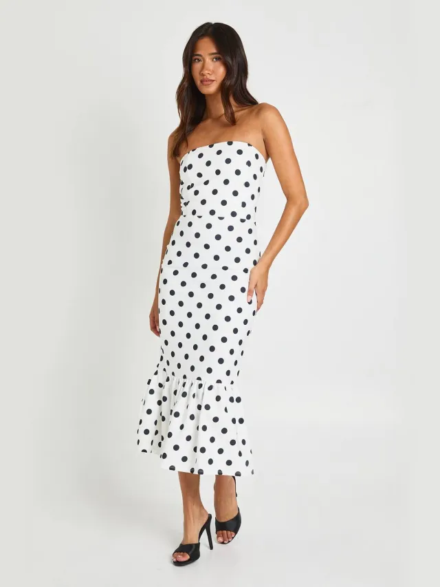 boohoo Dames Bandeau Midaxi Jurk Met Stippenprint En Peplum Zoom Ivoor