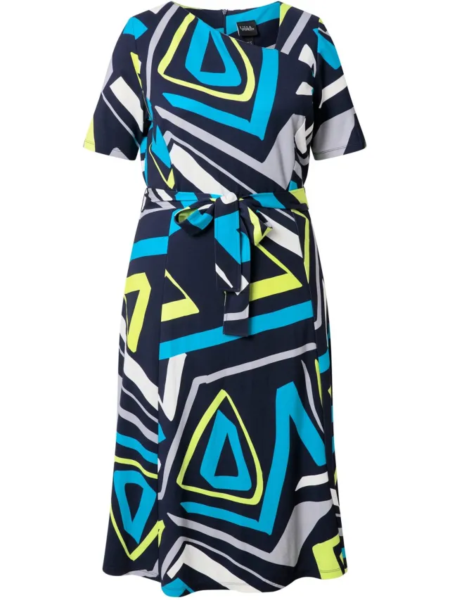 Ulla Popken Dames - Midi-jurk grafische print V-hals korte mouwen - Marine - Maat 58+