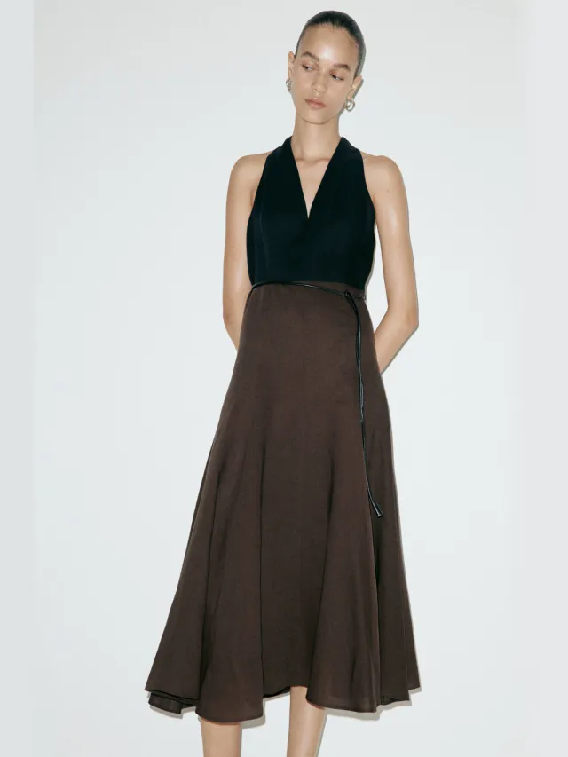 Mango midi jurk met ceintuur en linnen - zwart Zwart/bruin