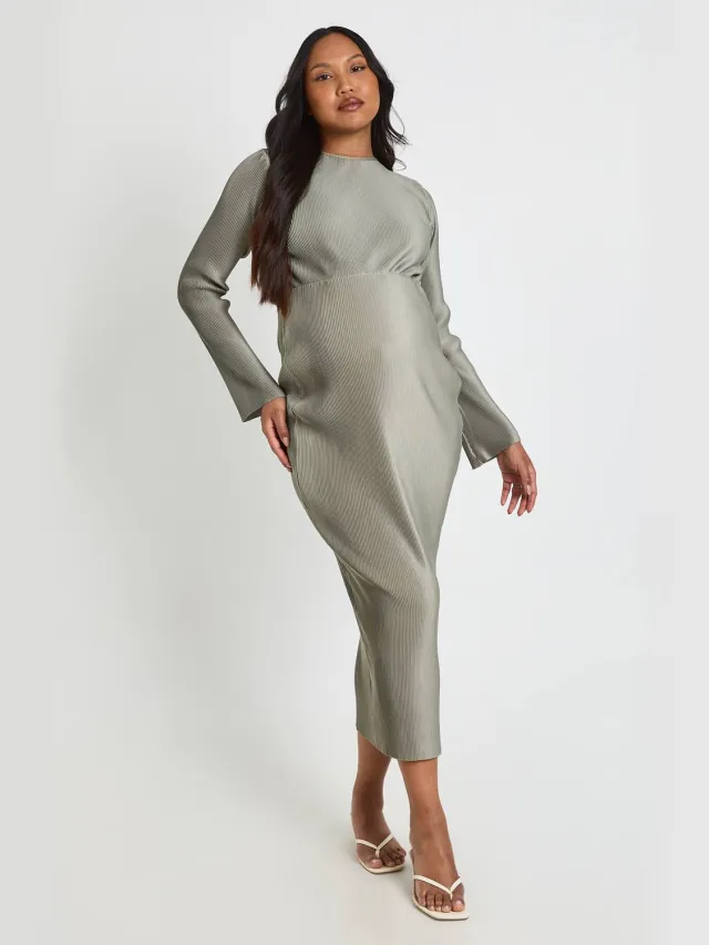 boohoo Dames Zwangerschaps Plisse Vleermuis Midaxi Jurk Licht Kaki