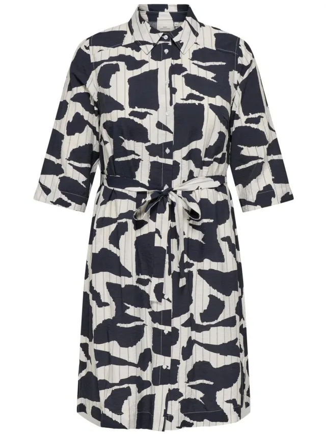 Only Carmakoma CARMISIA 3/4 BLK SHIRT DRESS WVN Dames Jurk Cloud Dancer AOP:GRAPHIC ELEMENTS