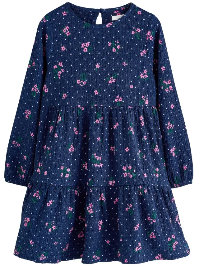 Next Meisjes - Jersey jurk van kreukelstof met lange mouwen - Blauw Blue/Navy