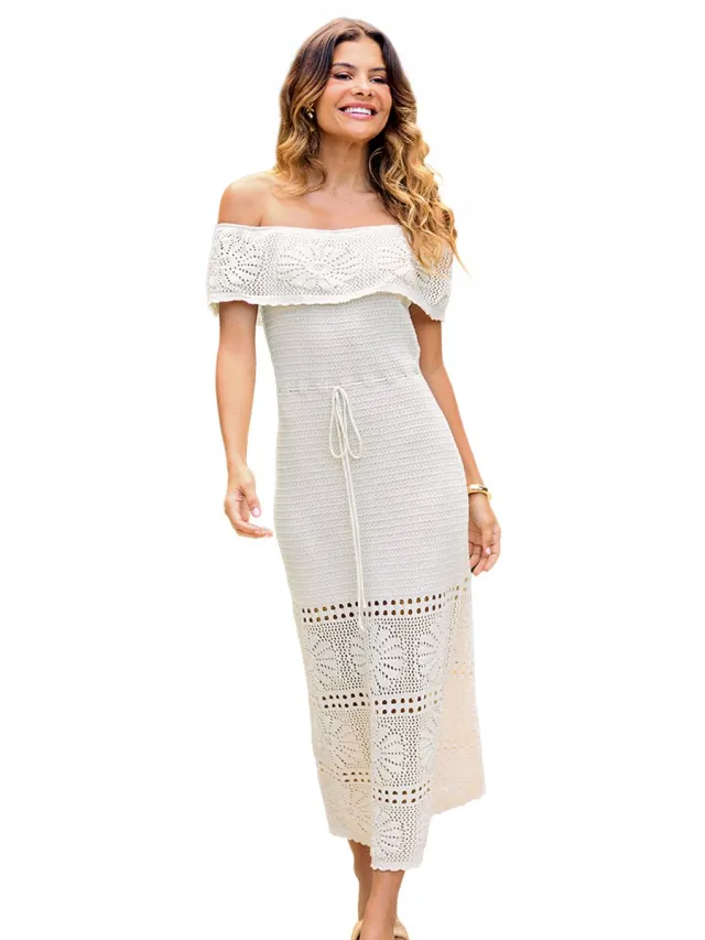 Cupshe Gehaakte Gebreide Midi Jurk - Off-Shoulder - Gehaakt Patroon - Taillekoord - Dames - Beige