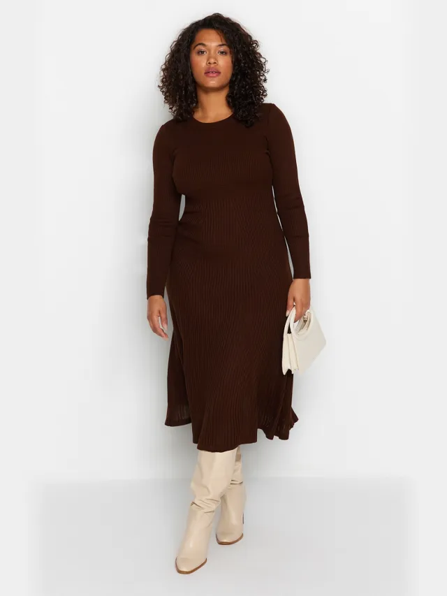 Trendyol Curve Dames Bruin Effen Midi Lang Casual A-lijn Grote maten Jurk