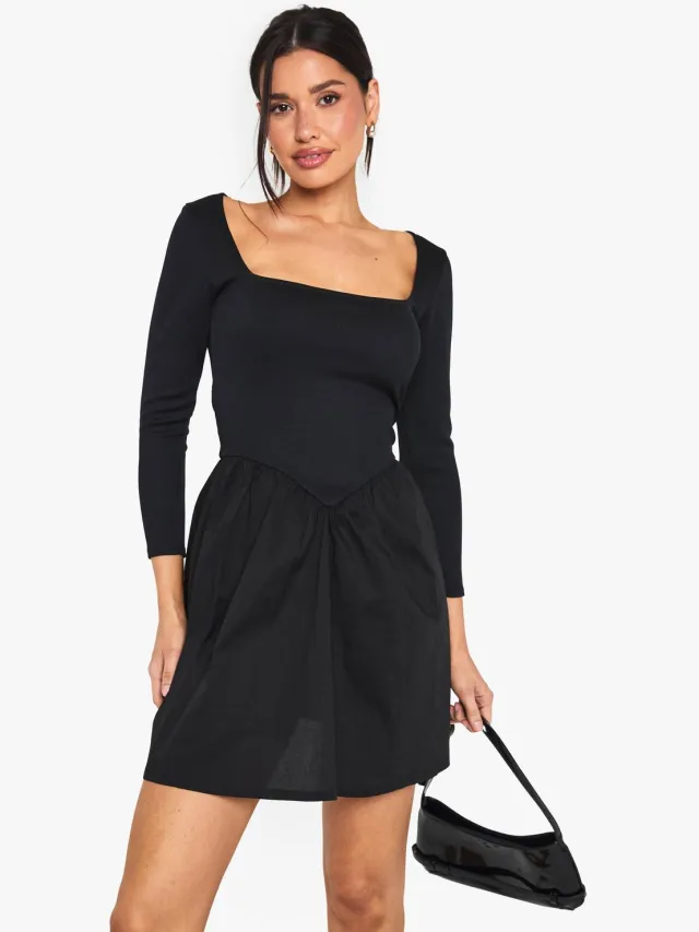 boohoo Dames Lange jersey rib katoenmengsel mini-jurk met lange mouwen Zwart