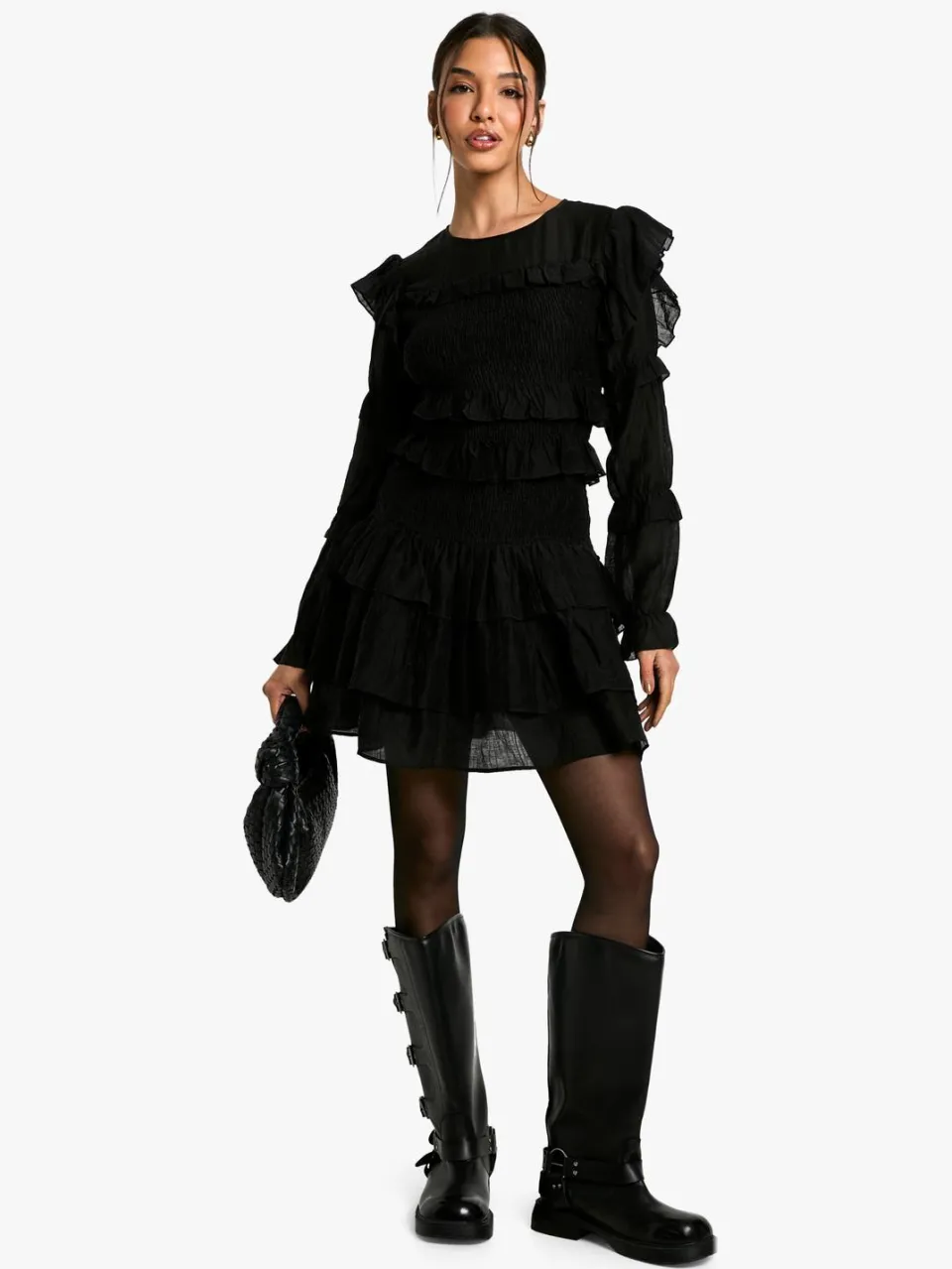 boohoo Dames Sheered Long Sleeve Ruffle Mini Dress zwart, foto 2