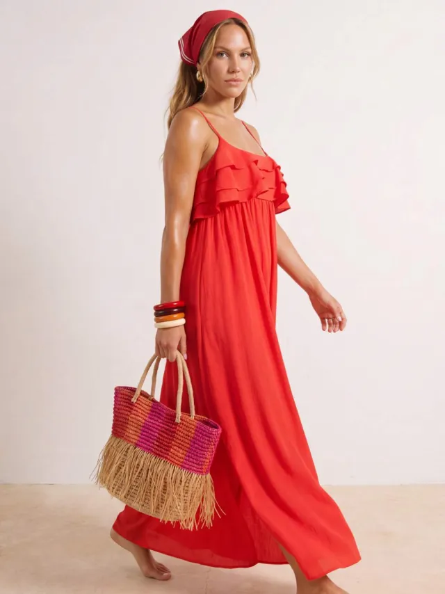 Trendyol TRENDYOLMİLLA Dames Rood Effen Maxi Mouwloos Strandkleding Recht Strandjurken
