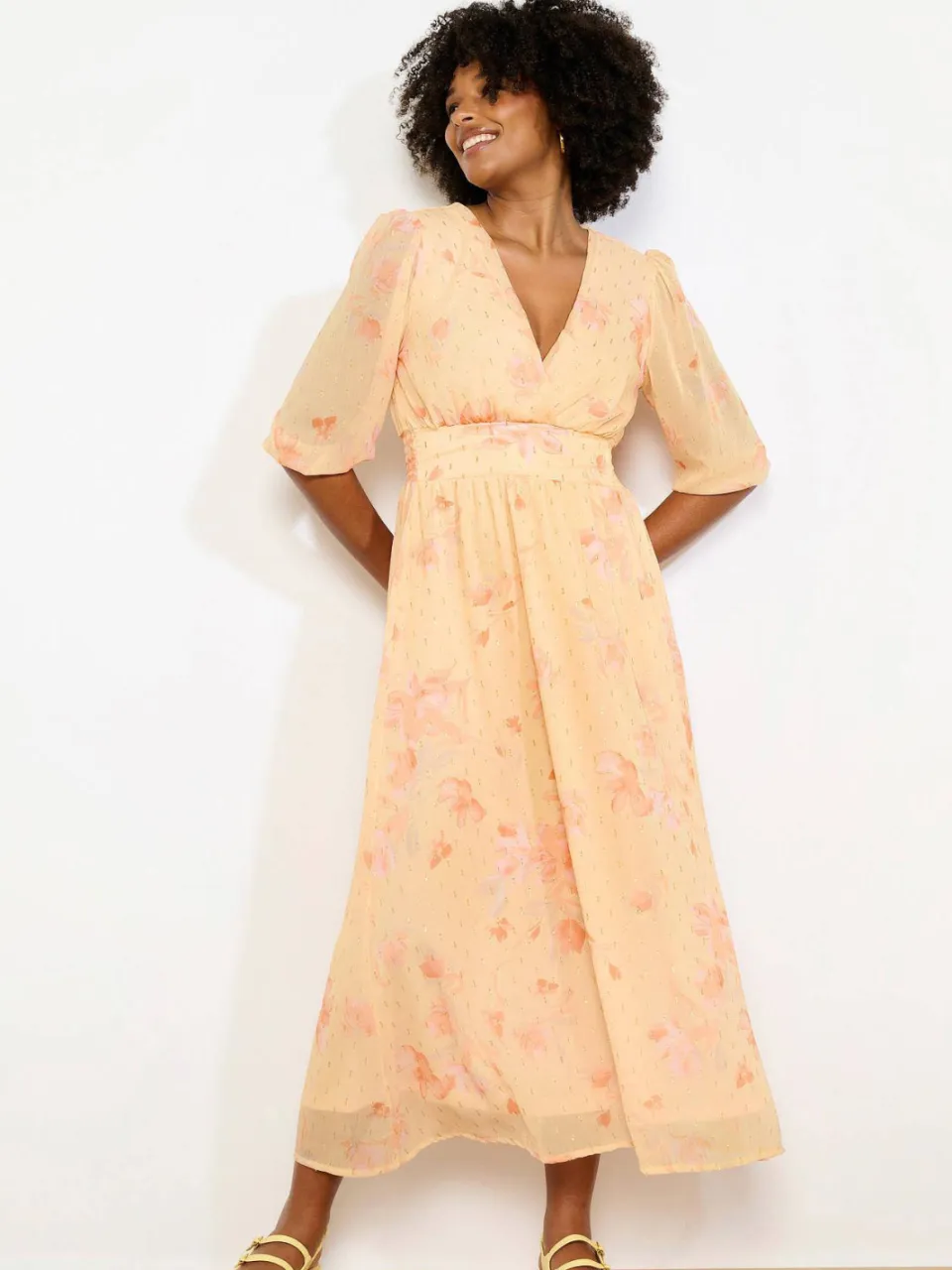 LOLALIZA gebloemde midi jurk met lurex geel Geel/roze