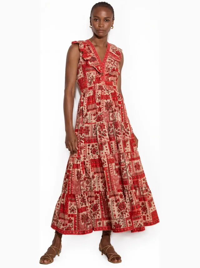 Apricot Midaxi-jurk van katoenmix met glanzende sjaalprint Rood