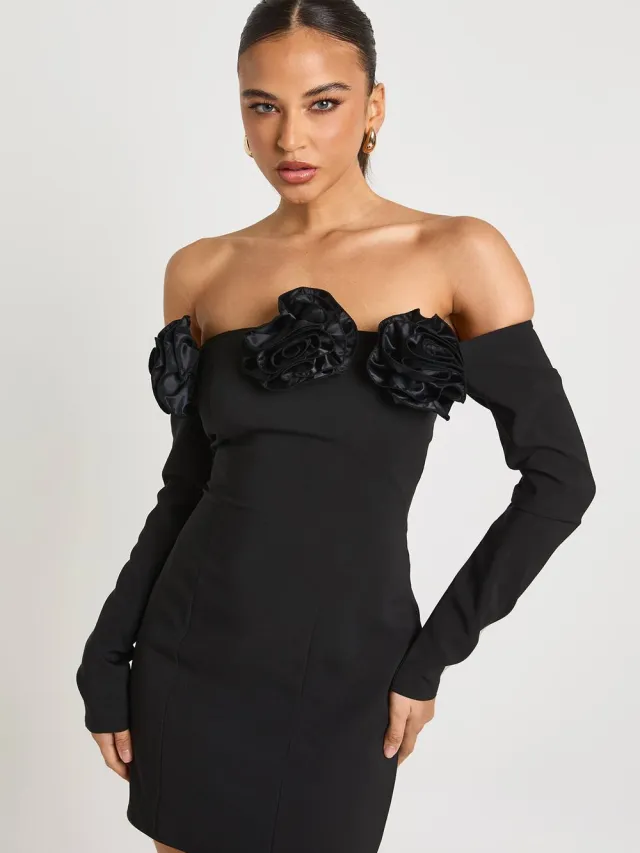 boohoo Dames Mini Jurk met rozendetail en lange mouwen Zwart
