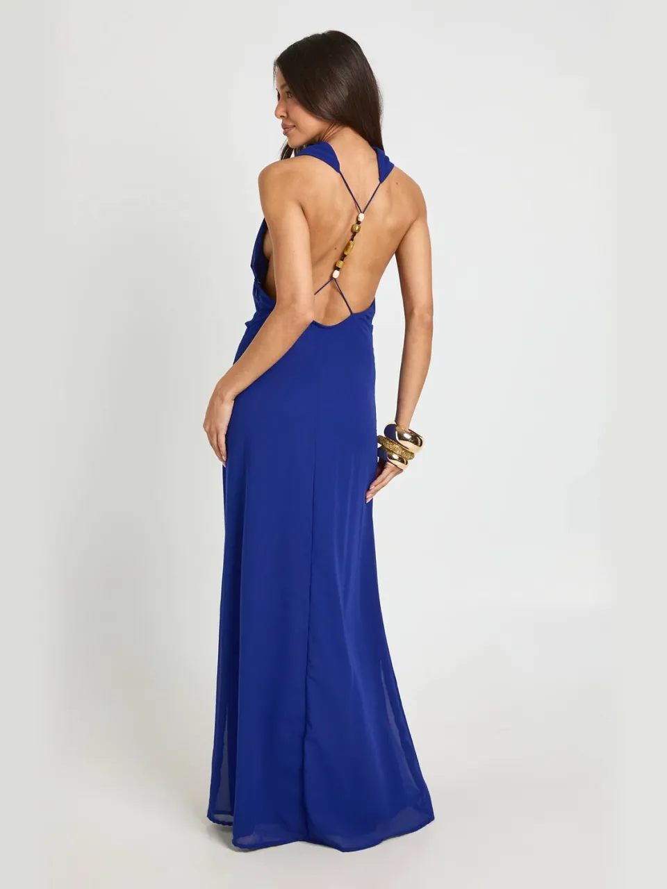 boohoo Dames Chiffon Maxi Jurk Met Hoge Waterval Halslijn En Open Rug kobaltblauw, foto 2
