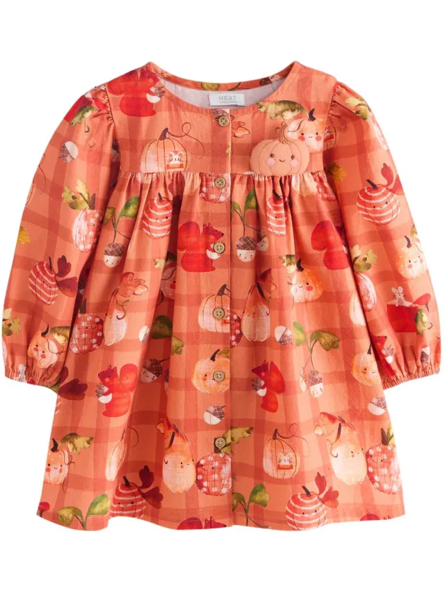 Next Meisjes - Jurk met lange mouwen en 3D-figuurtjesprint - Oranje Orange Autumn Print