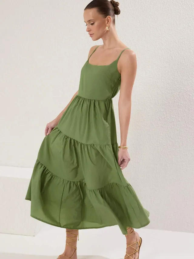 Trendyol TRENDYOLMİLLA Dames Groen Effen Maxi Mouwloos Casual Skater Jurken