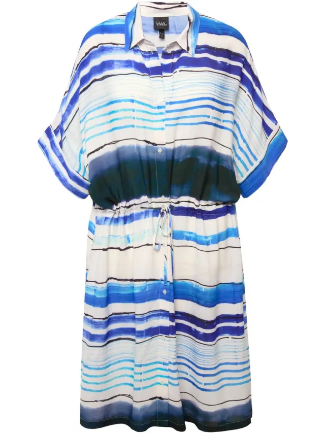 Ulla Popken Dames - Midi-jurk strepen oversized overhemdkraag halve mouwen - Marine - Maat 46+