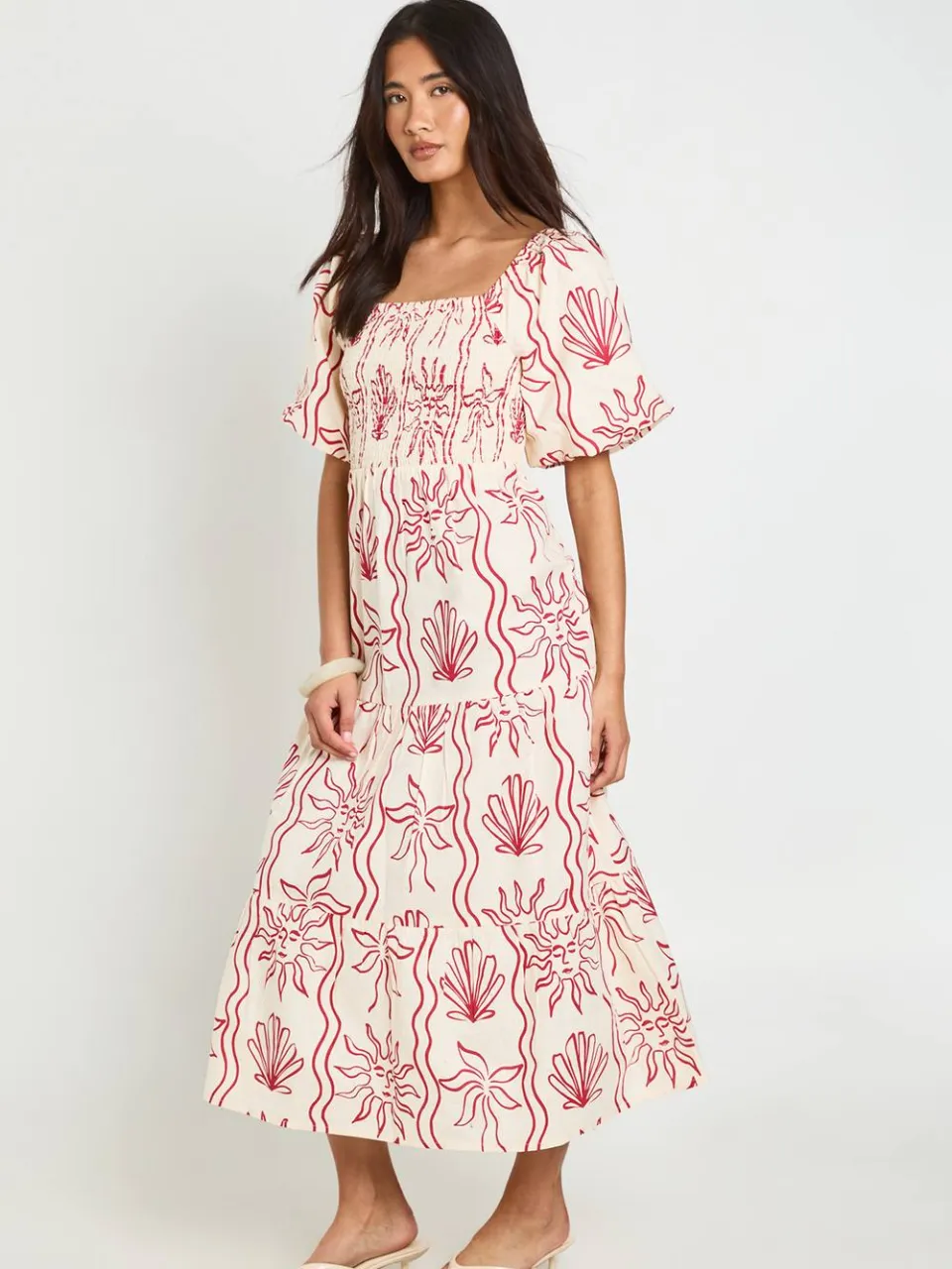boohoo Dames Schelp Print Linnen Look Volume Mouw Gelaagde Midaxi Jurk rood, foto 3