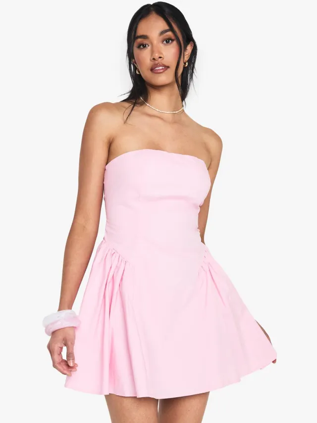 boohoo Dames Bandeau Poplin Mini Skater Jurk Baby Roze