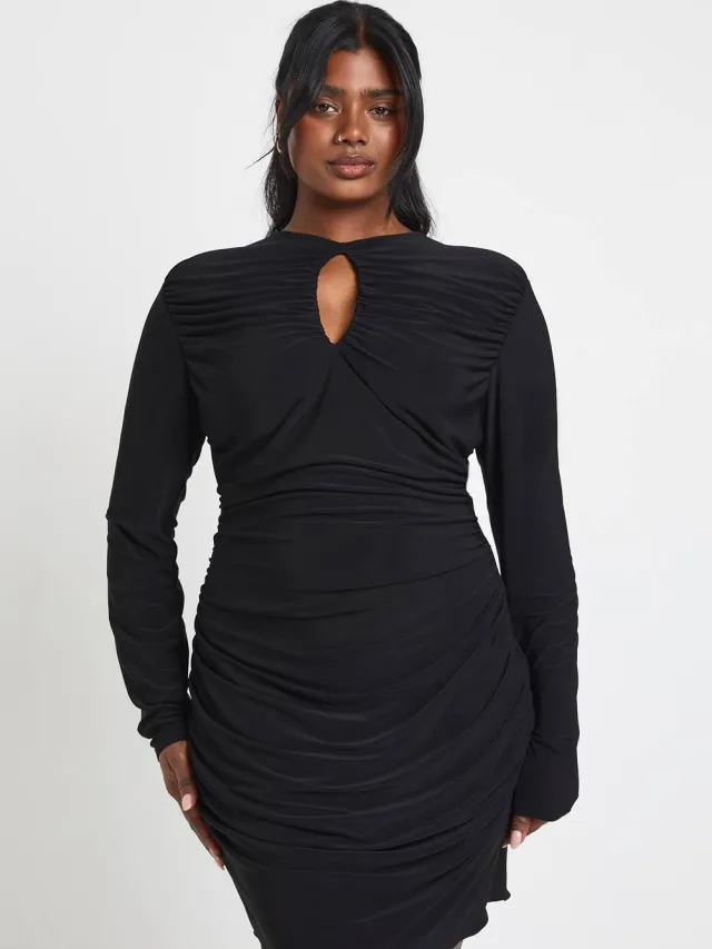 boohoo Dames Plus Double Slinky Geplooid Keyhole Bodycon Jurk Zwart