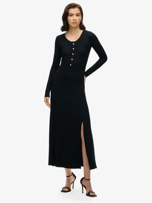 Superdry Midi-jurk met halve knoopsluiting - Dames - Jurken black
