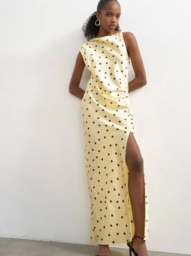 Topshop satijnen maxi jurk met stippen lichtgeel Lichtgeel/bruin