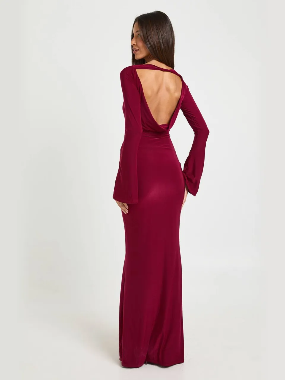 boohoo Dames Lange Mouw Twist Voorkant Maxi Jurk wijn, foto 2