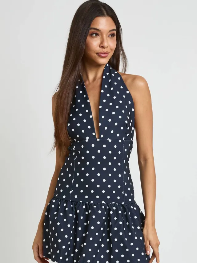 boohoo Dames Polkadot Halternek Mini Jurk Zwart
