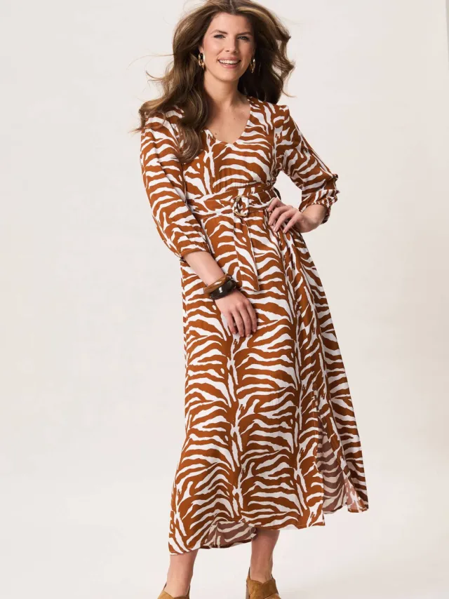 Miss Etam zomerjurk met zebraprint camel multi Bruin