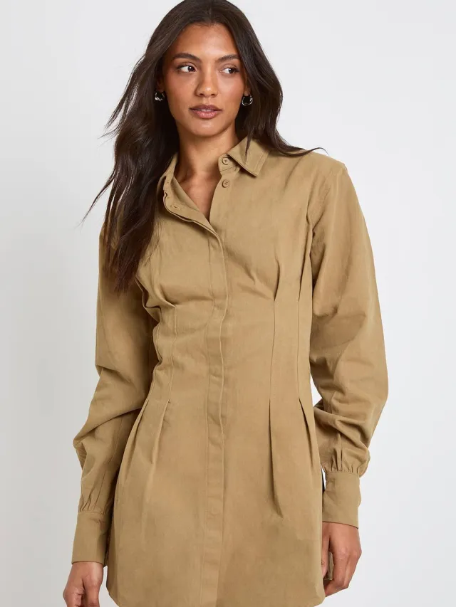 boohoo Dames Lange Blousejurk Met Hoge Kraag En Lange Mouwen Olijf
